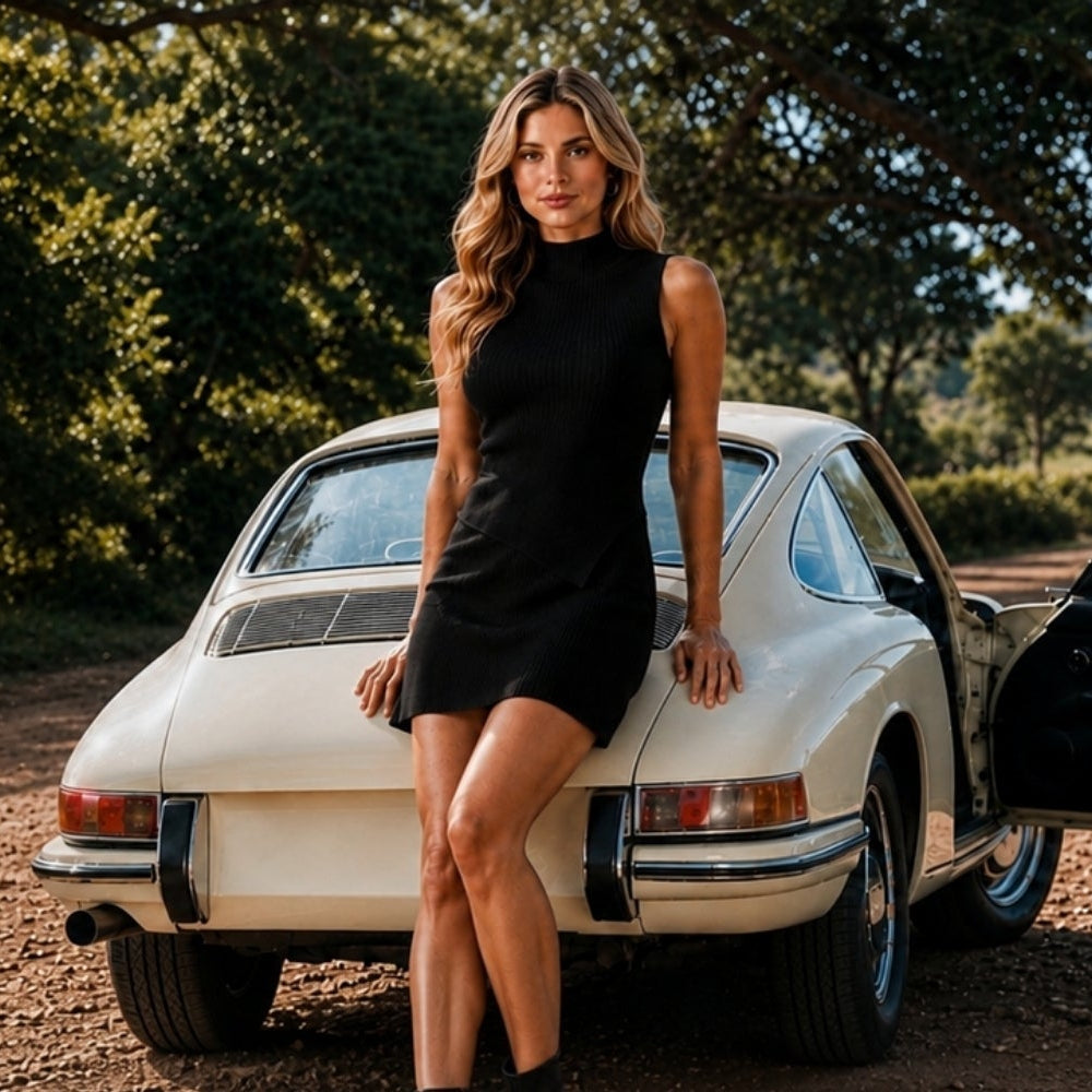 A woman in a black sleeveless dress stands beside a cream-colored classic Porsche on a dirt road with trees in the background.