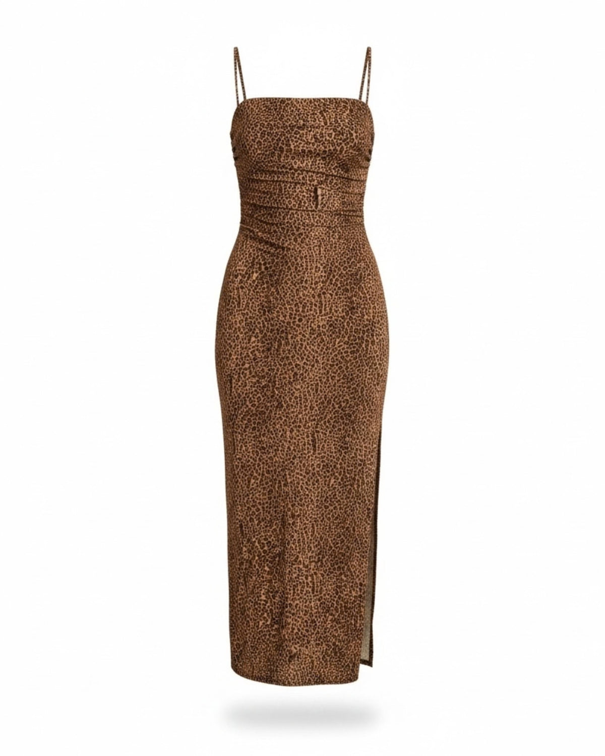 A brown leopard-print midi dress with thin spaghetti straps, a structured square neckline, a fitted waist, and a side slit, shown against a plain white background.