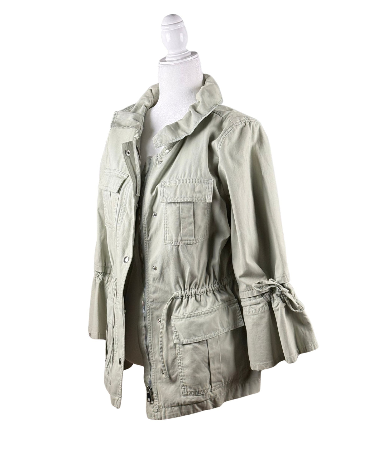 niffty Banana Republic x Olivia Palermo sage green cotton utility jacket with tie sleeves and drawstring waist