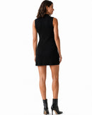 Back view of a niffty black ribbed knit two-piece set featuring a sleeveless mock-neck top and matching mini skirt.