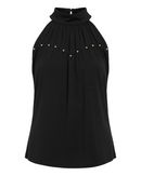 niffty black sleeveless satin top featuring a high neckline and sweetheart-inspired silver stud detailing