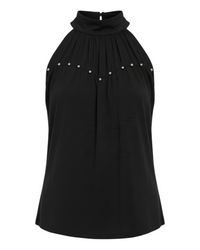 niffty black sleeveless satin top featuring a high neckline and sweetheart-inspired silver stud detailing