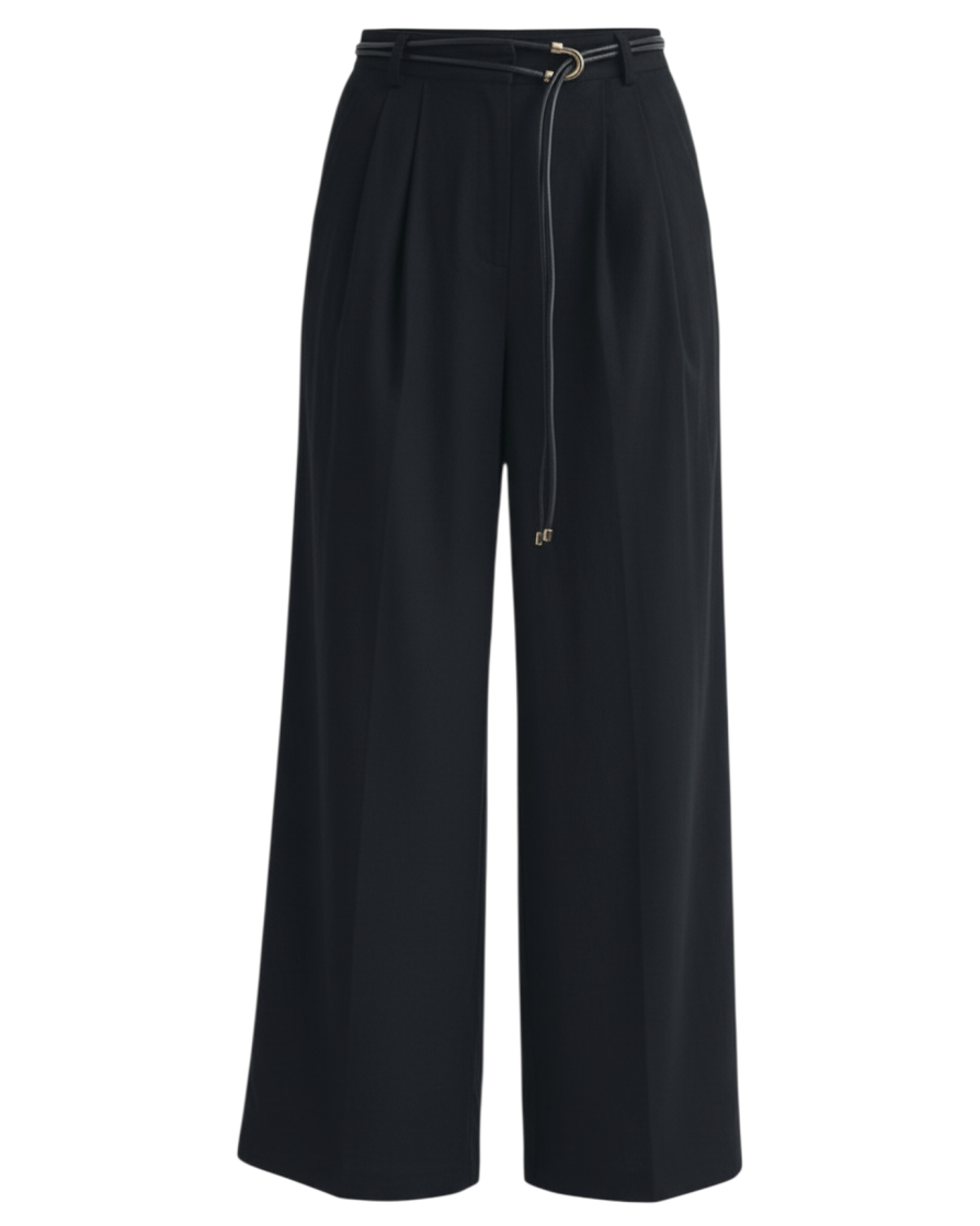 niffty black wide-leg tailored trousers with a high-rise waist, front pleats, and a gold-accented tie belt.