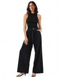 niffty black wide-leg tailored trousers with a high-rise waist, front pleats, and a gold-accented tie belt