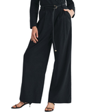 niffty black wide-leg tailored trousers in a linen-cotton blend with a gold-accent belt and front pleat detailing