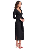 niffty black midi knit dress with V-neck, long sleeves, and a wrap tie waist, shown from a side profile view.