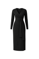 niffty black midi knit dress with a V-neckline, long sleeves, and a flattering wrap tie waist silhouette.