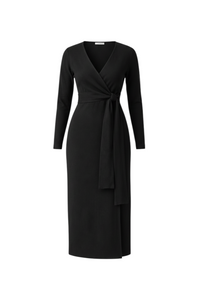 niffty black midi knit dress with a V-neckline, long sleeves, and a flattering wrap tie waist silhouette.