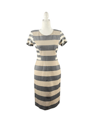 niffty Derek Lam 10 Crosby gray and tan striped knit sheath dress with short sleeves and fitted silhouette