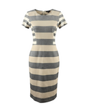 niffty Derek Lam 10 Crosby gray and tan striped knit sheath dress with short sleeves and fitted silhouette