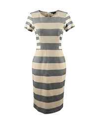 niffty Derek Lam 10 Crosby gray and tan striped knit sheath dress with short sleeves and fitted silhouette