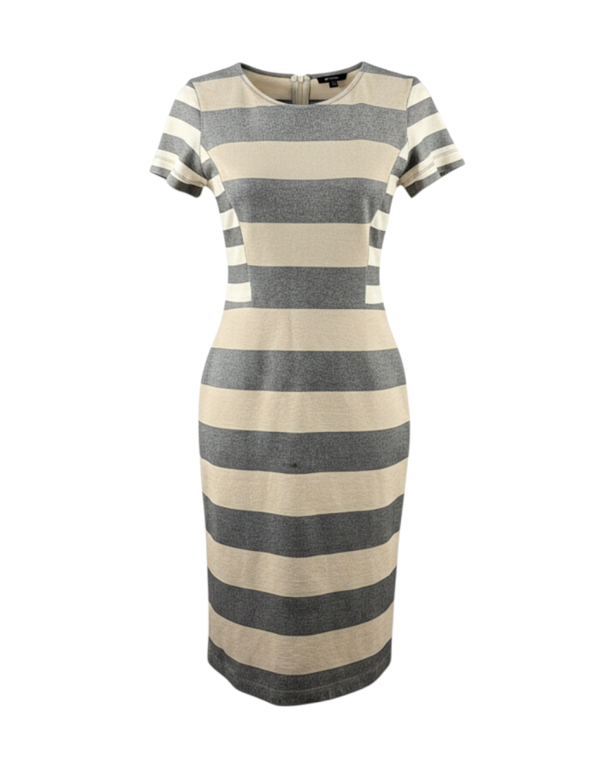 niffty Derek Lam 10 Crosby gray and tan striped knit sheath dress with short sleeves and fitted silhouette
