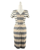 niffty Derek Lam 10 Crosby gray and tan striped sheath dress with a V-back and short sleeves on a mannequin