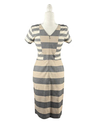 niffty Derek Lam 10 Crosby gray and tan striped sheath dress with a V-back and short sleeves on a mannequin