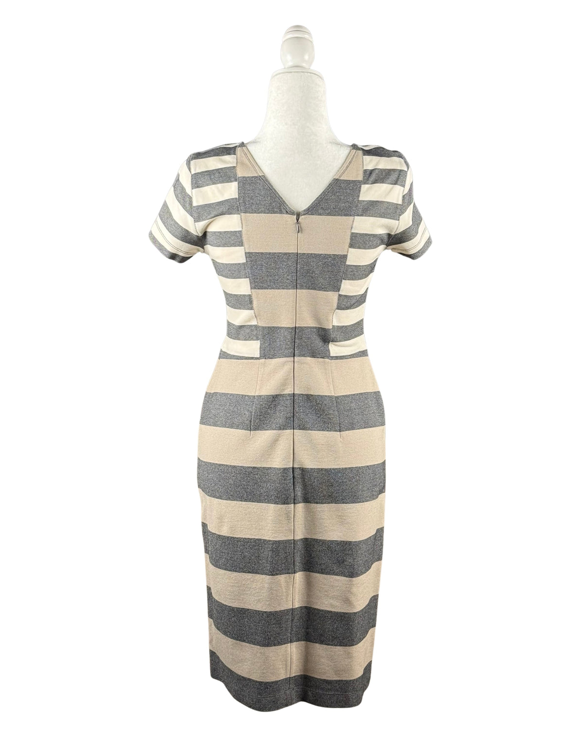 niffty Derek Lam 10 Crosby gray and tan striped sheath dress with a V-back and short sleeves on a mannequin