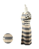 niffty Derek Lam 10 Crosby gray and tan striped knit sheath dress with offset side panels on a mannequin
