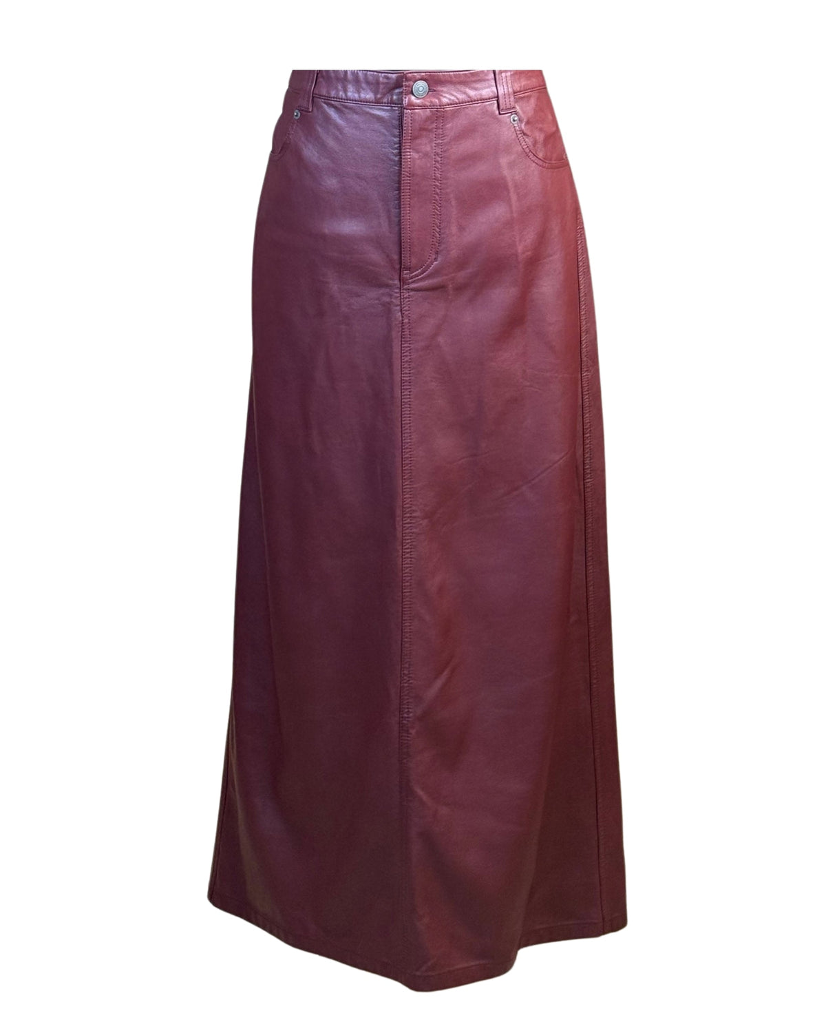 niffty Free People burgundy vegan leather maxi skirt with a straight silhouette, belt loops, and front pockets.
