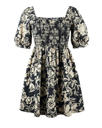 niffty Free People Dear Delilah mini dress in black and cream floral print with smocked bust and puff sleeves
