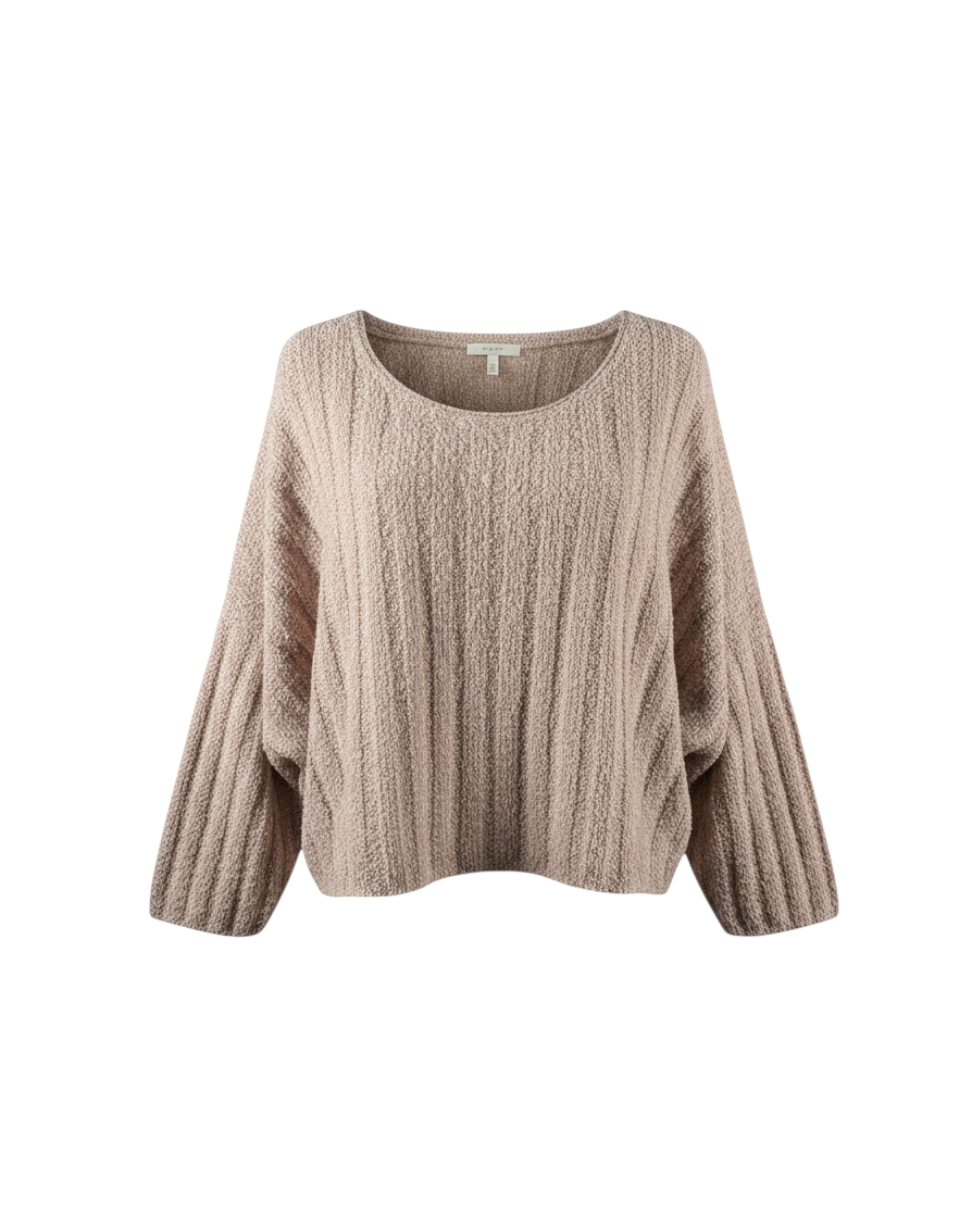 niffty Free People Good Day Pullover in pink rose ribbed knit with a boxy silhouette, scoop neck, and wide sleeves.