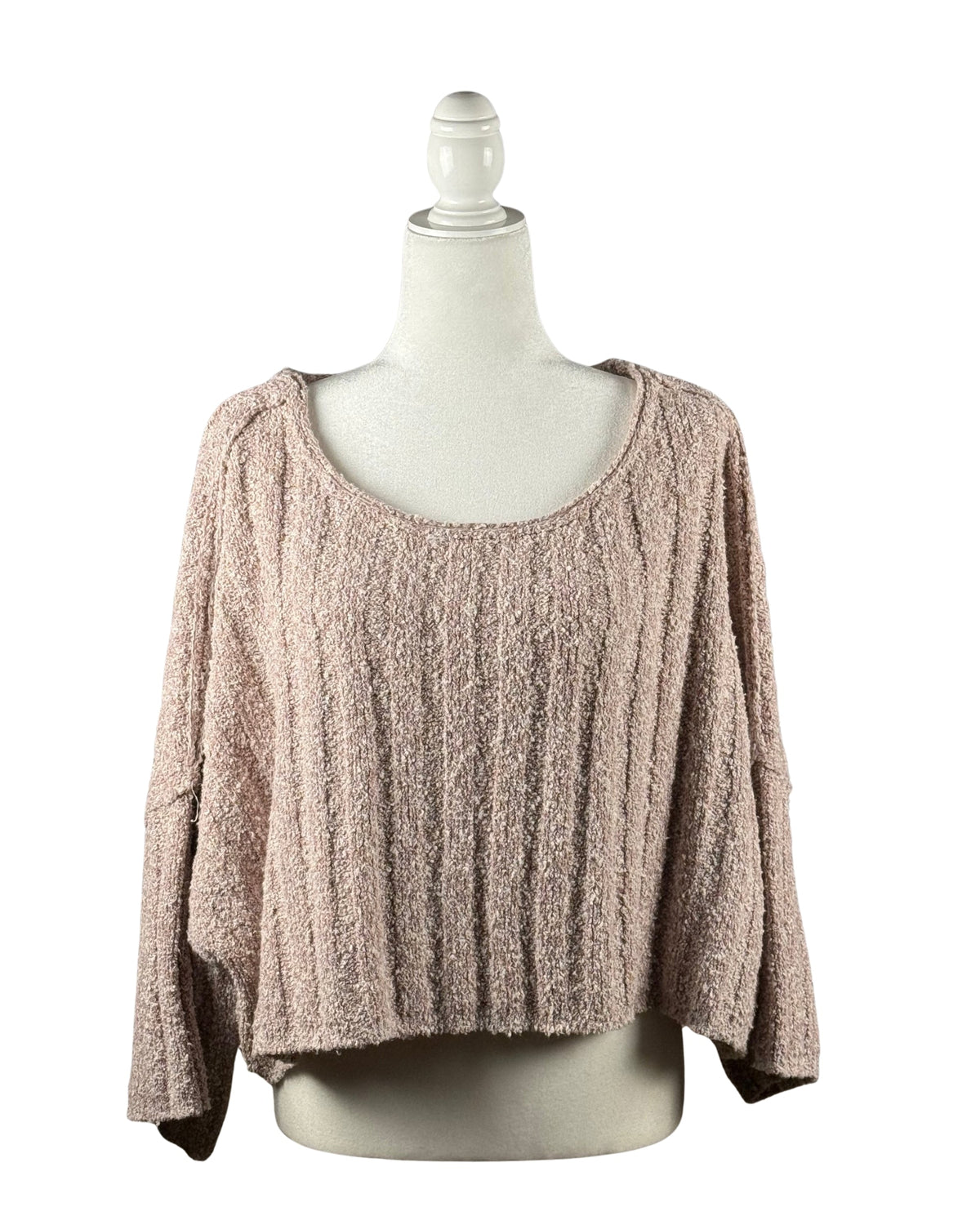 niffty Free People pink rose ribbed knit pullover with a boxy silhouette, scoop neckline, and wide sleeves