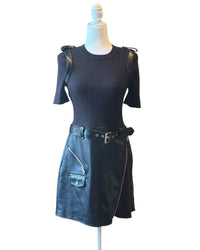 niffty Jonathan SIMKHAI Anisa black mini dress with ribbed knit bodice, vegan leather skirt, and moto-inspired details.