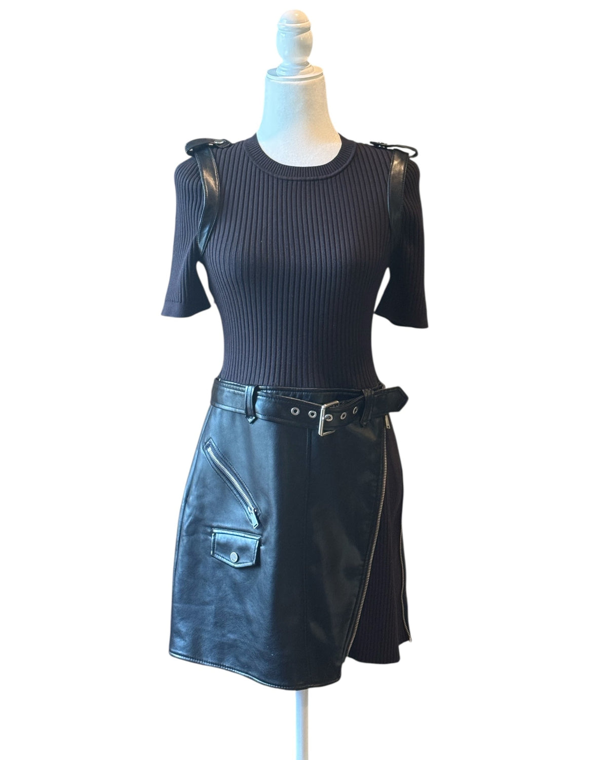 niffty Jonathan SIMKHAI Anisa black mini dress with ribbed knit bodice, vegan leather skirt, and moto-inspired details.