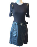 niffty Jonathan SIMKHAI black mixed-media mini dress with ribbed knit bodice, vegan leather skirt, and moto details.