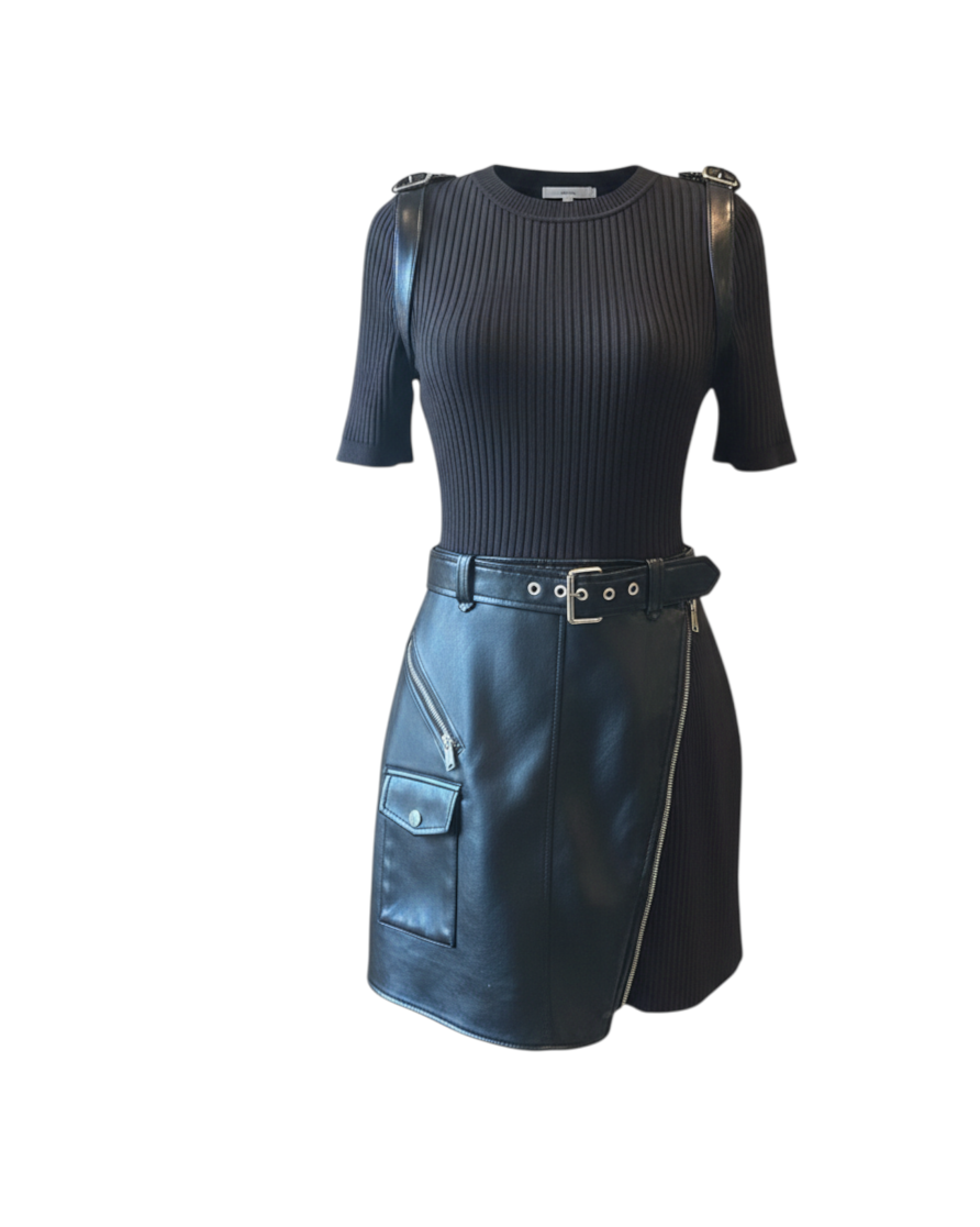 niffty Jonathan SIMKHAI black mixed-media mini dress with ribbed knit bodice, vegan leather skirt, and moto details.