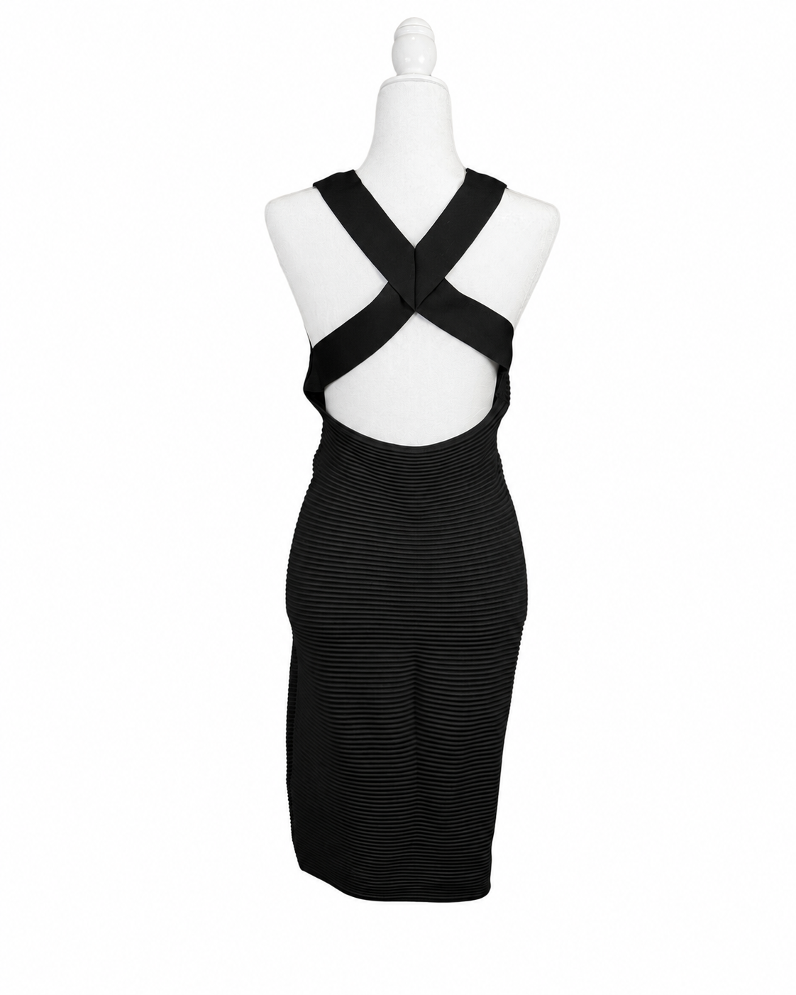 niffty Jonathan Simkhai black ribbed midi dress with an open cross-back design on a mannequin