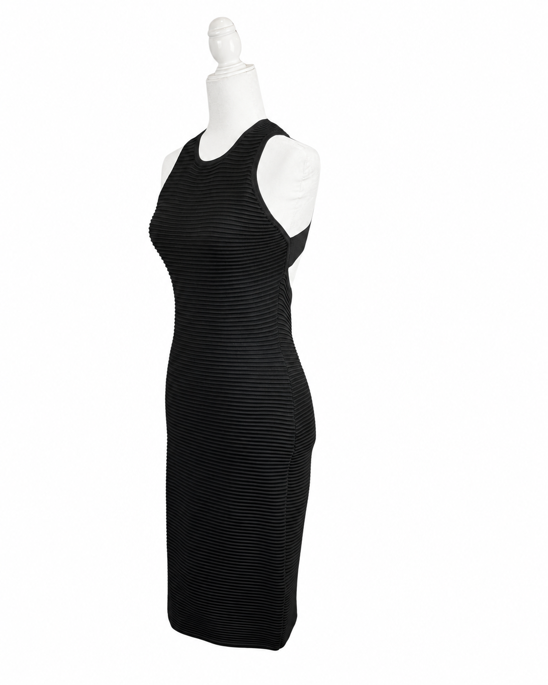 niffty Jonathan Simkhai black ribbed midi dress with a high neckline and bodycon silhouette on a mannequin