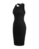 niffty Jonathan Simkhai black ribbed midi dress with a high halter neckline and open cross-back design.