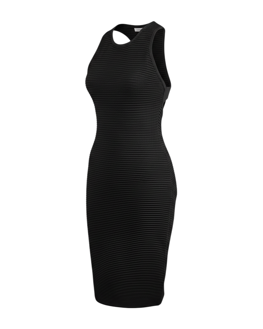 niffty Jonathan Simkhai black ribbed midi dress with a high halter neckline and open cross-back design.