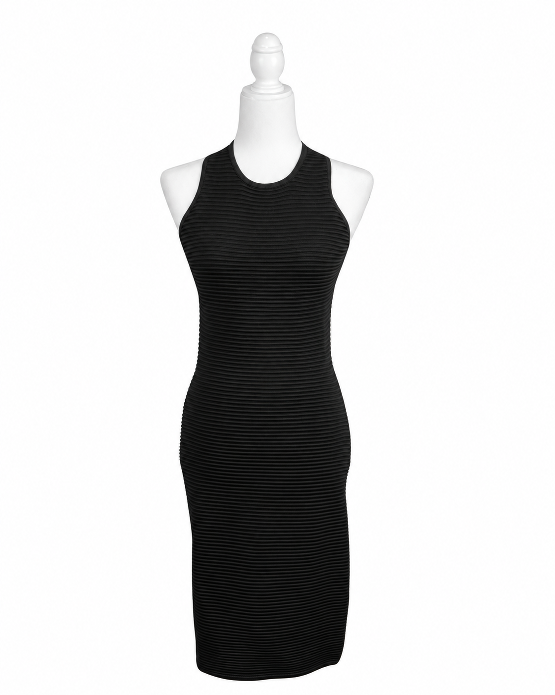 niffty Jonathan Simkhai black ribbed midi dress with a high halter neckline on a white mannequin