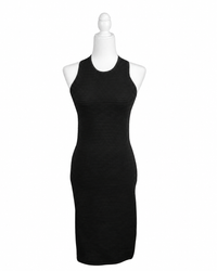 niffty Jonathan Simkhai black ribbed midi dress with a high halter neckline on a white mannequin