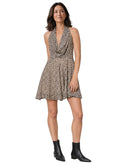 niffty leopard print chiffon mini dress with a cowl halter neckline and ruffled hem worn by a model
