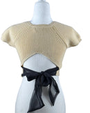 niffty Lovers and Friends nude cropped knit top with short sleeves, crew neck, and a black open-back tie closure.