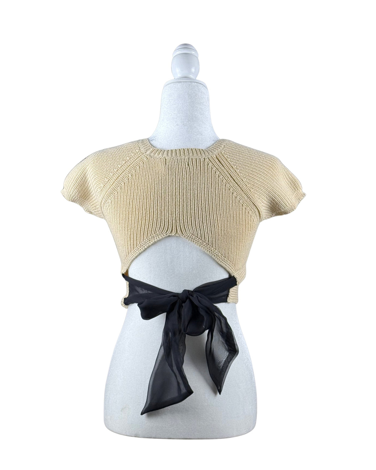niffty Lovers and Friends nude cropped knit top with short sleeves, crew neck, and black open-back tie closure