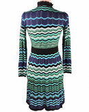 niffty M Missoni long-sleeve dress with blue, green, and black wave-pattern knit and a textured black waistband
