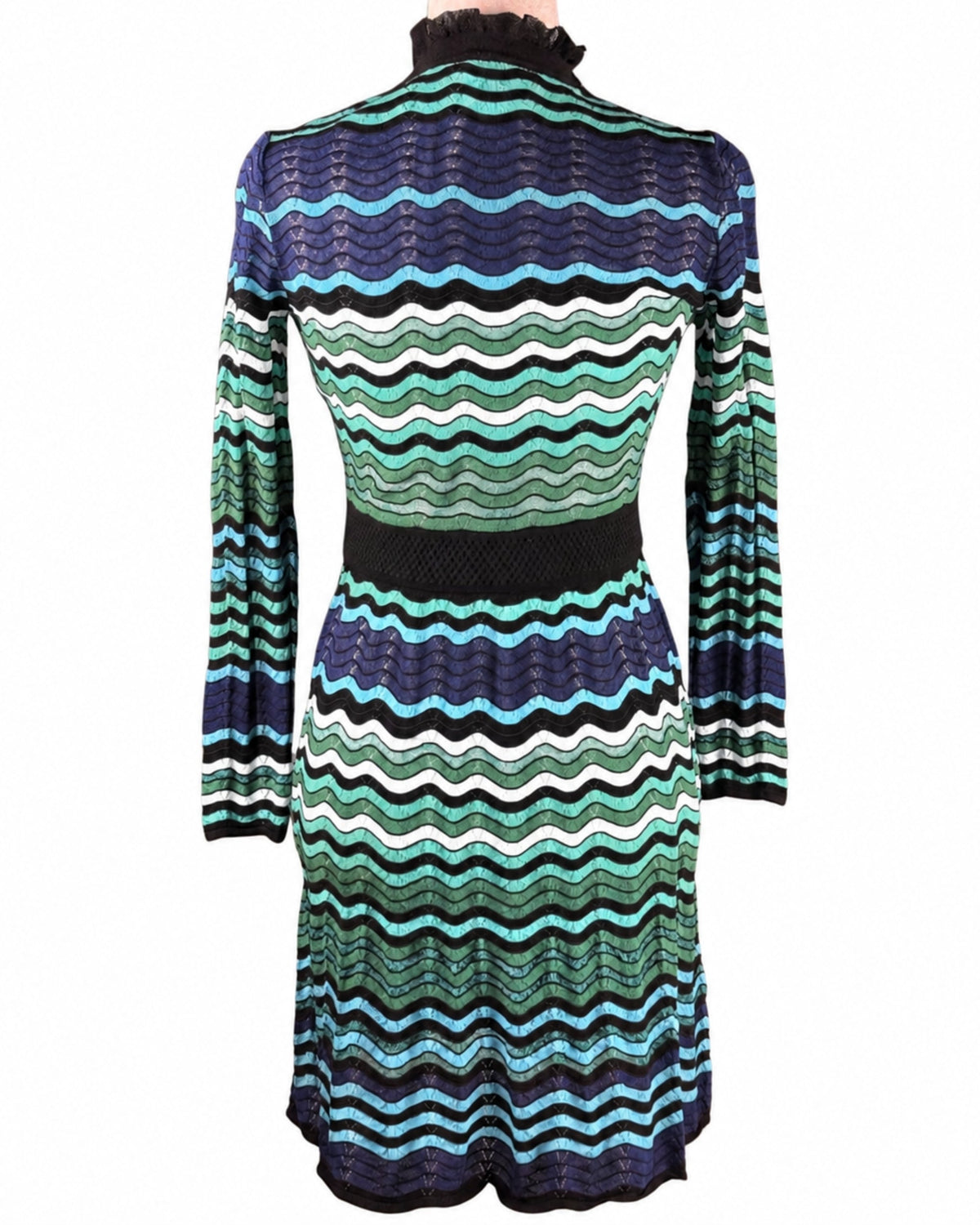 niffty M Missoni long-sleeve dress with blue, green, and black wave-pattern knit and a textured black waistband