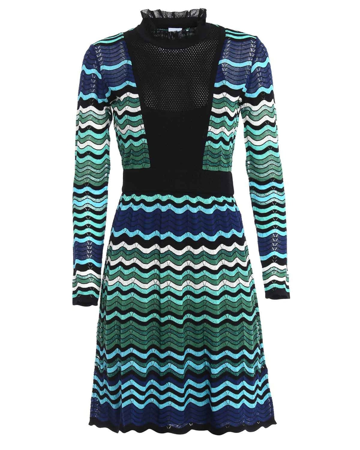 niffty M Missoni long-sleeve dress with blue, green, and black wave-pattern knit, ruffled neckline, and black panel.