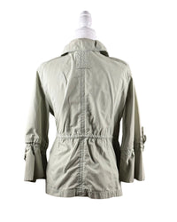 niffty Banana Republic x Olivia Palermo sage green cotton utility jacket, back view with drawstring waist