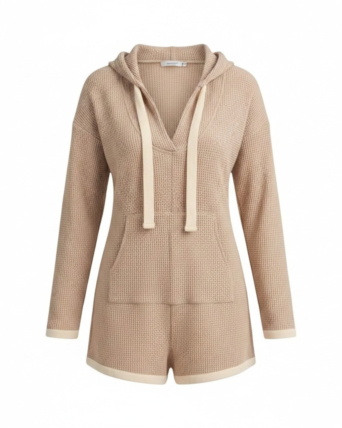 niffty taupe waffle knit hooded romper with long sleeves, contrasting drawstring, and pockets