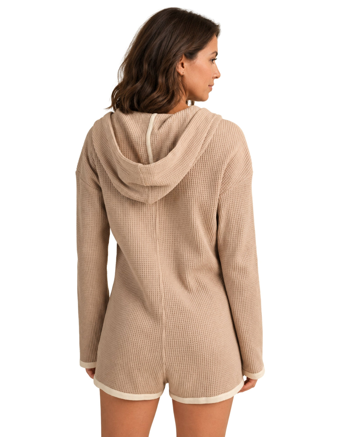 niffty taupe waffle knit hooded romper with long sleeves and contrast trim, viewed from the back