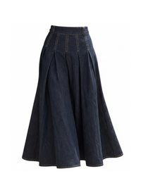 A dark blue denim A-line skirt with pleated detailing and contrast stitching, shown against a plain white background.