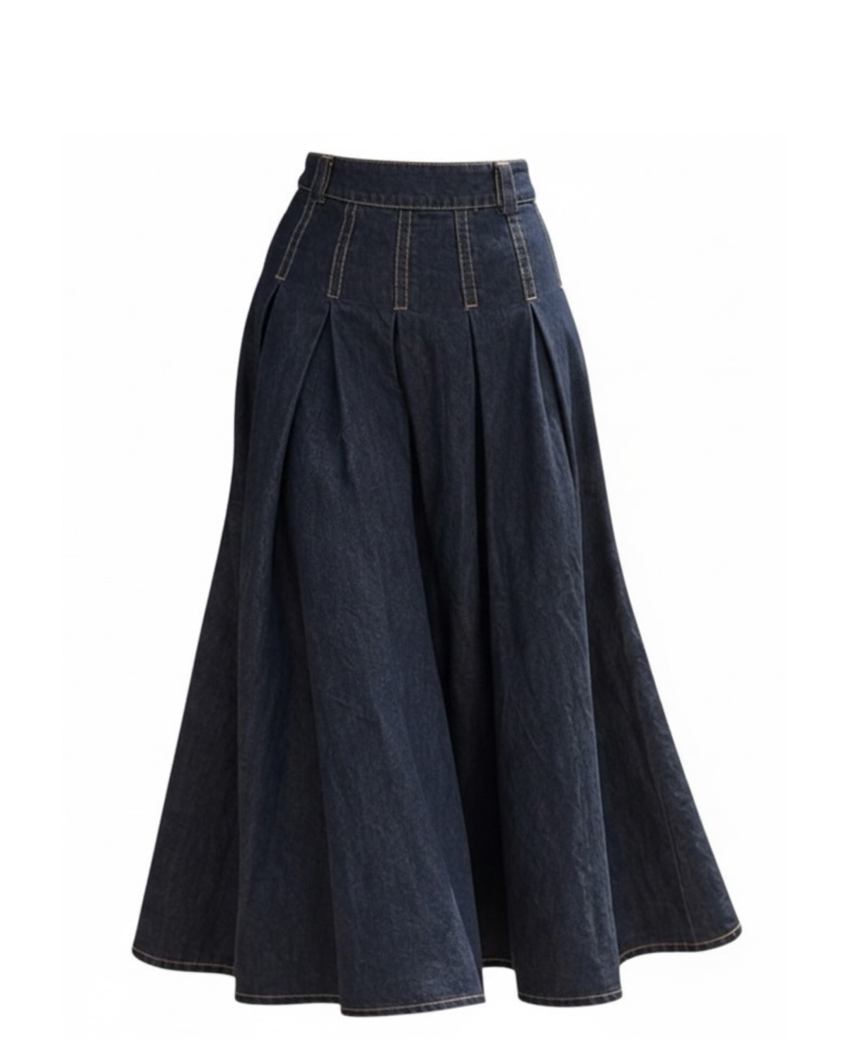 A dark blue denim A-line skirt with pleated detailing and contrast stitching, shown against a plain white background.
